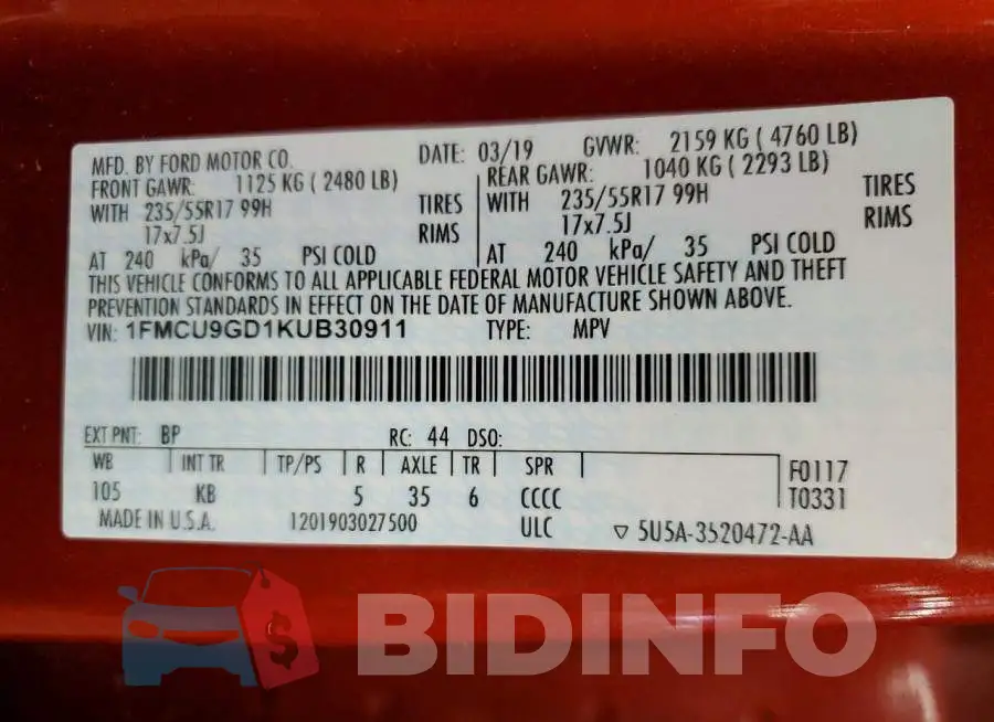 1FMCU9GD1KUB30911 Photo# 13