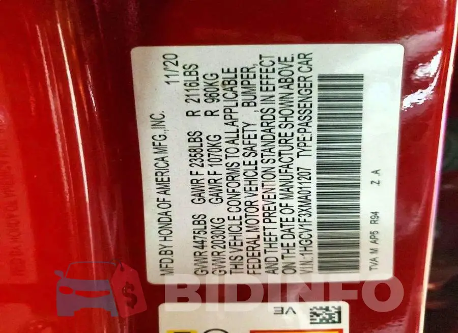 1HGCV1F3XMA011207 Photo# 13