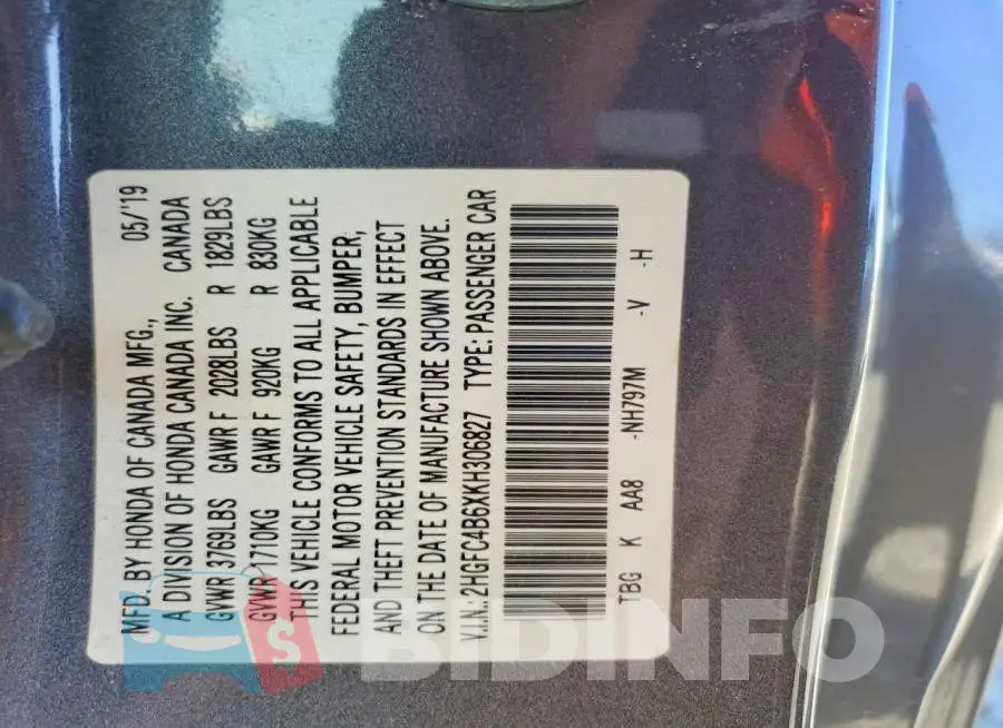 2HGFC4B6XKH306827 Photo# 13