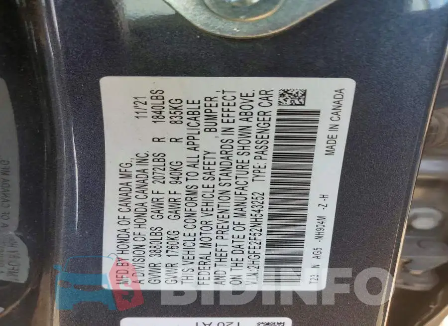 2HGFE2F52NH543252 Photo# 12