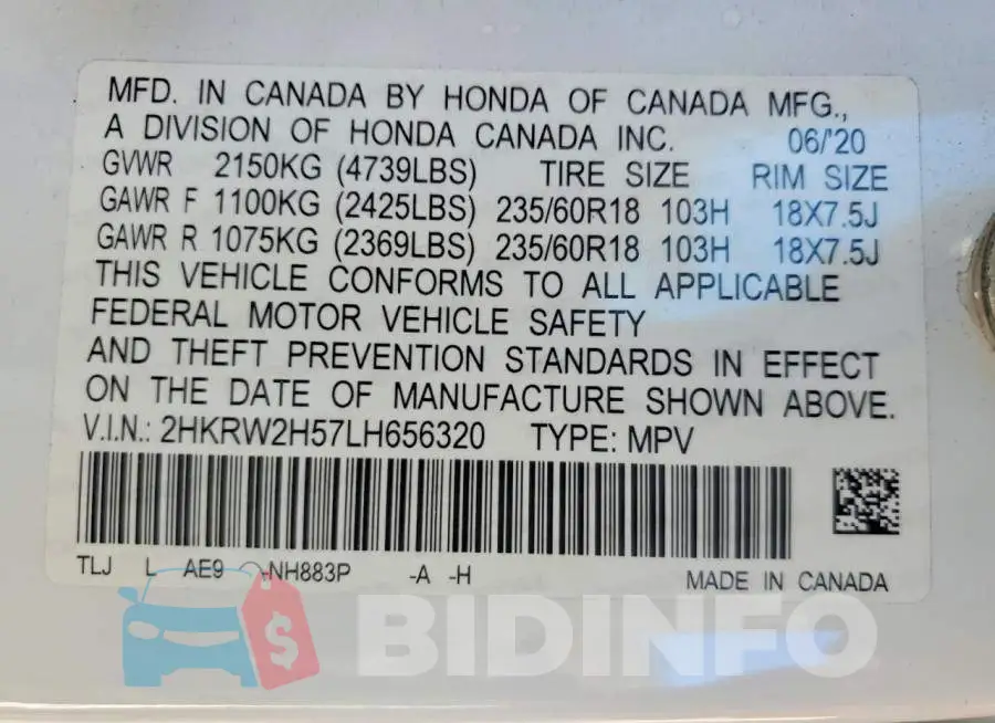 2HKRW2H57LH656320 Photo# 13