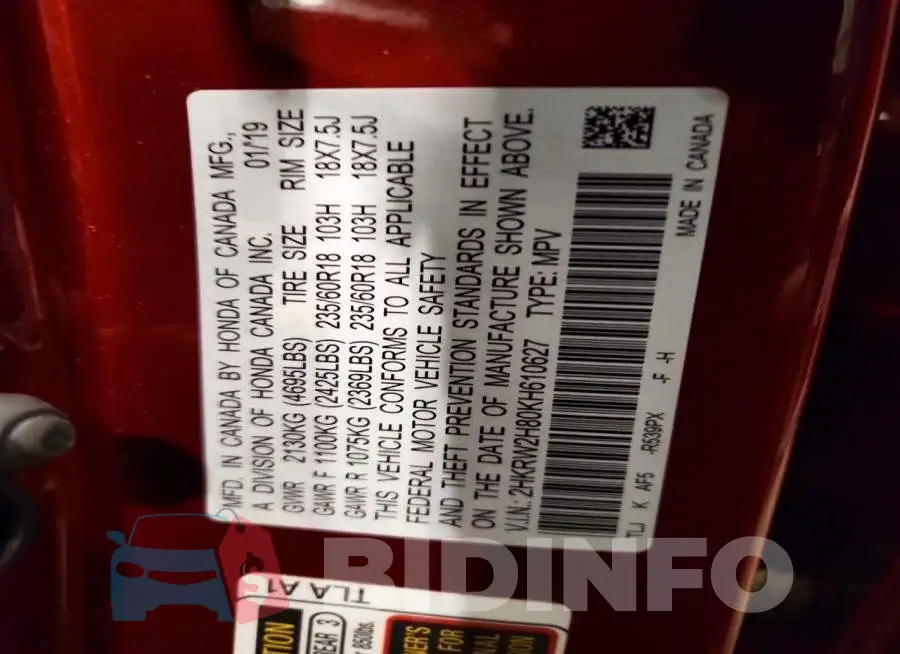 2HKRW2H80KH610627 Photo# 12