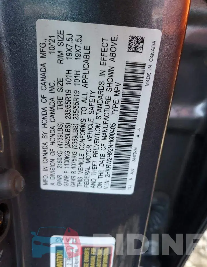 2HKRW2H92NH600405 Photo# 14