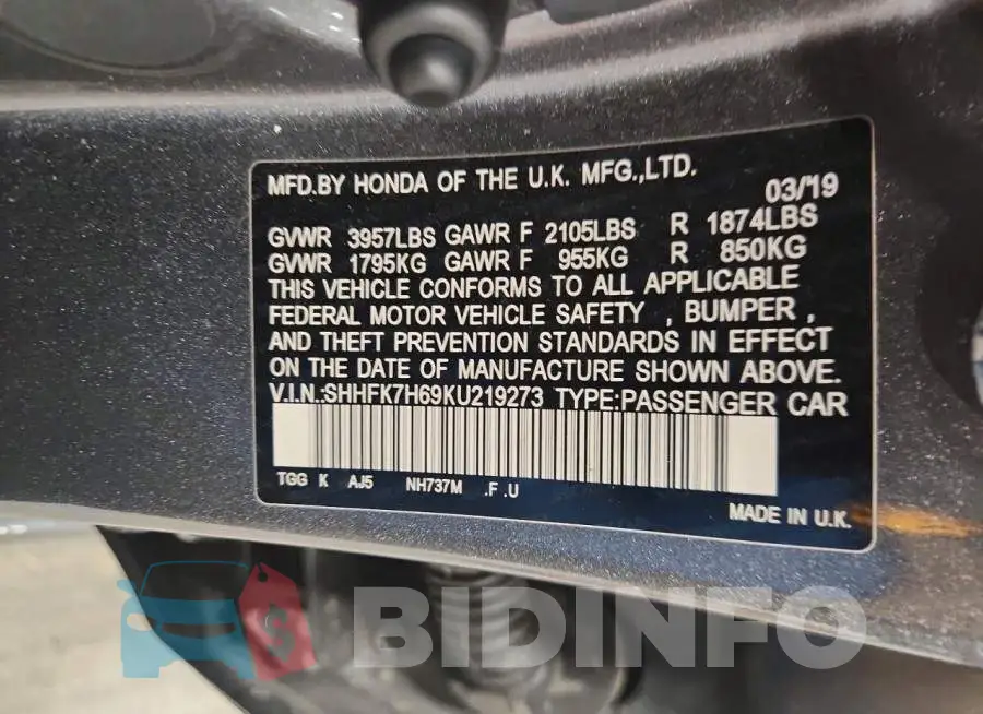 SHHFK7H69KU219273 Photo# 12