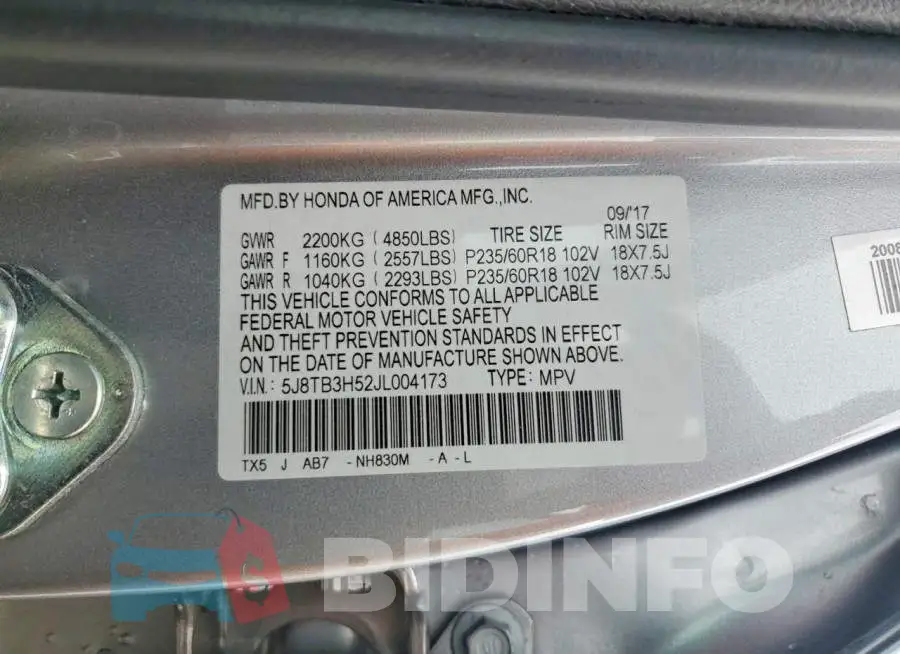 5J8TB3H52JL004173 Photo# 13
