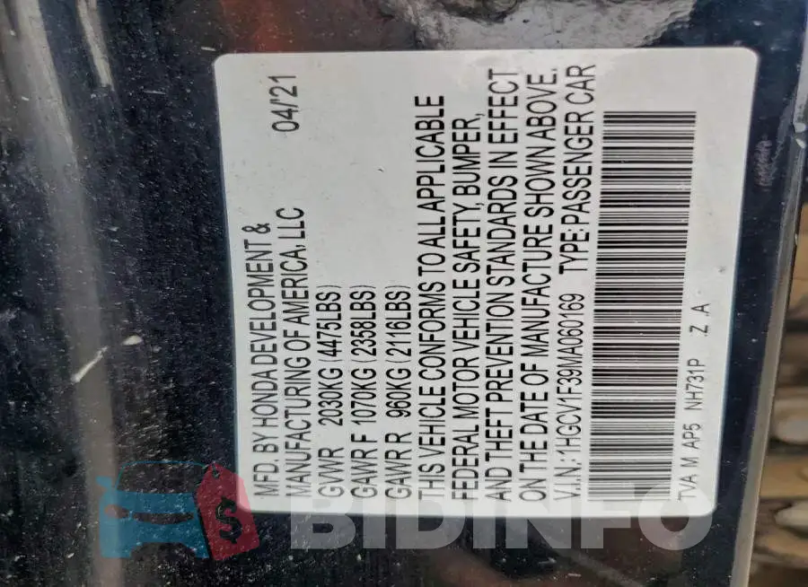 1HGCV1F39MA060169 Photo# 12