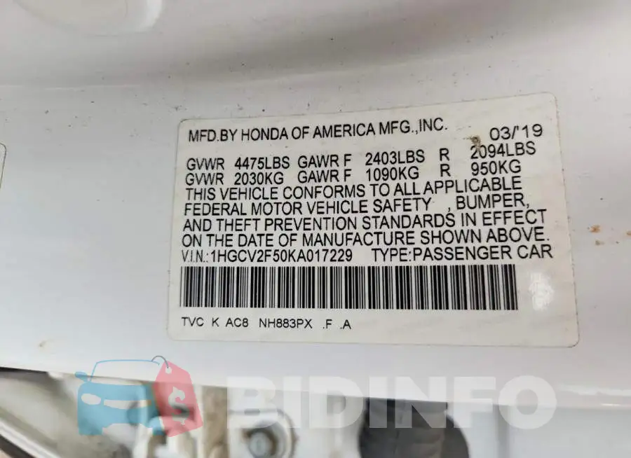 1HGCV2F50KA017229 Photo# 12