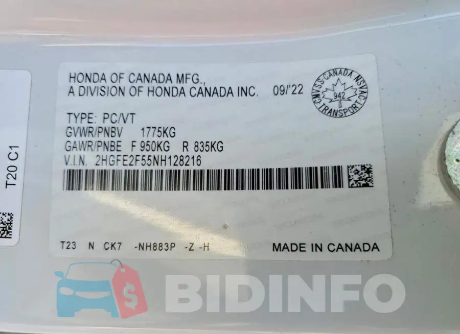 2HGFE2F55NH128216 Photo# 12