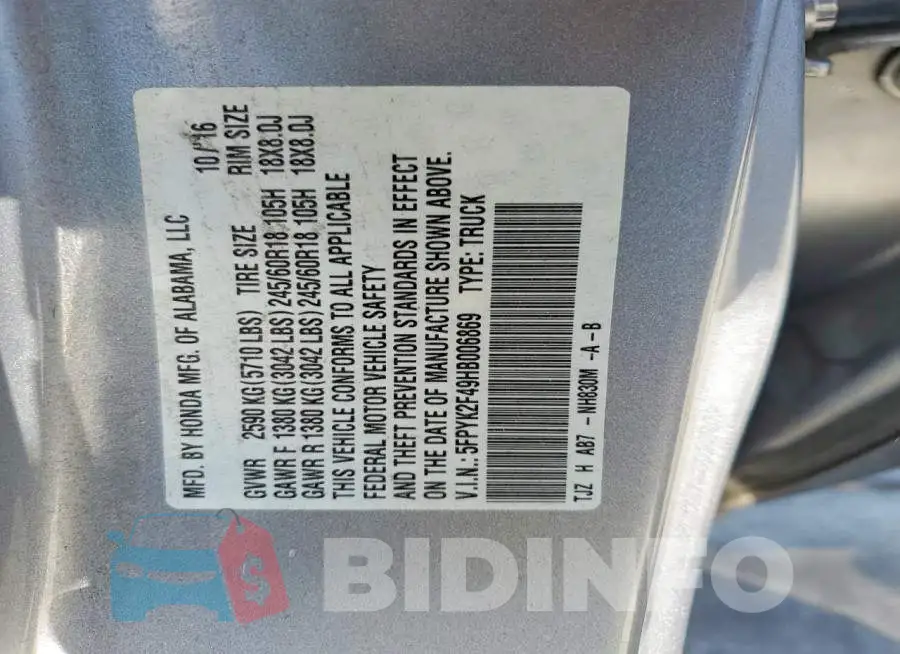 5FPYK2F49HB006869 Photo# 12