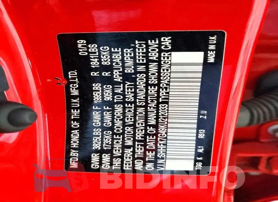 SHHFK7G49KU212033 Photo# 12