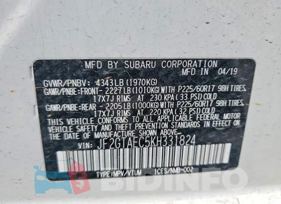 JF2GTAEC5KH331824 Photo# 13