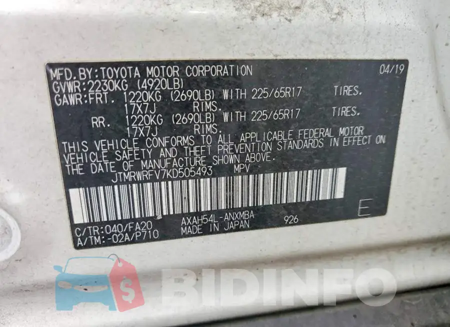 JTMRWRFV7KD505493 Photo# 13