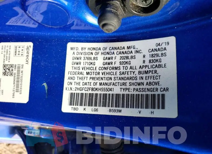 2HGFC2F80KH555041 Photo# 12
