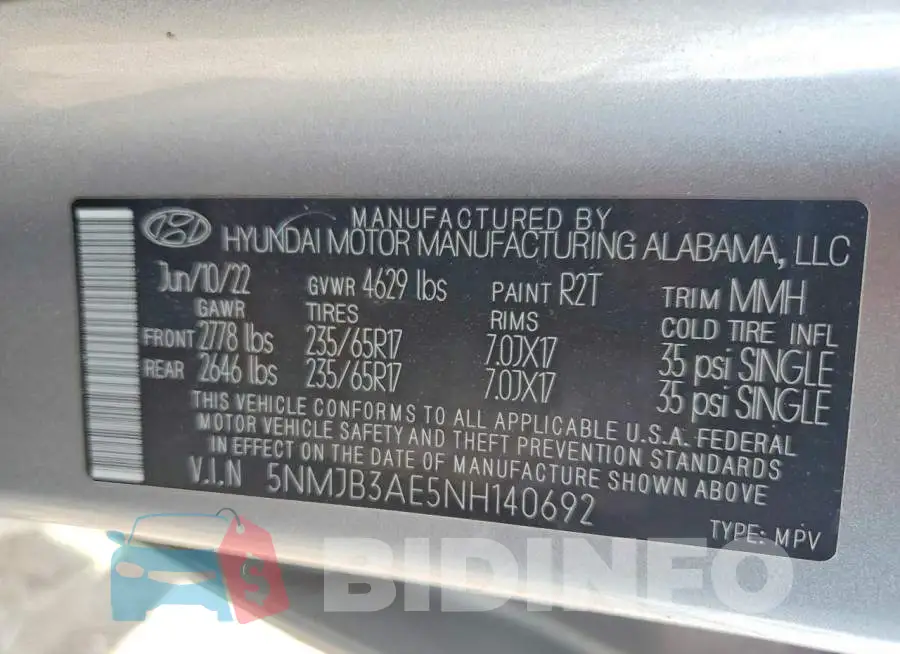 5NMJB3AE5NH140692 Photo# 12