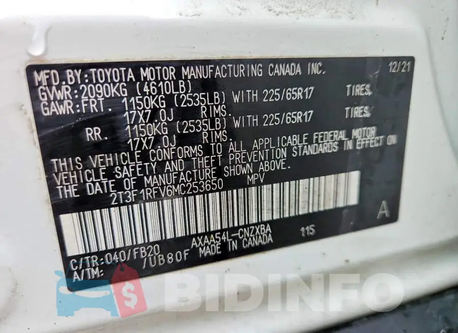 2T3F1RFV6MC253650 Photo# 13
