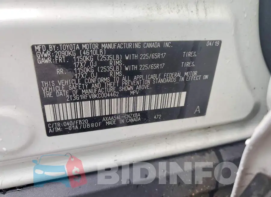 2T3G1RFV8KC004462 Photo# 13