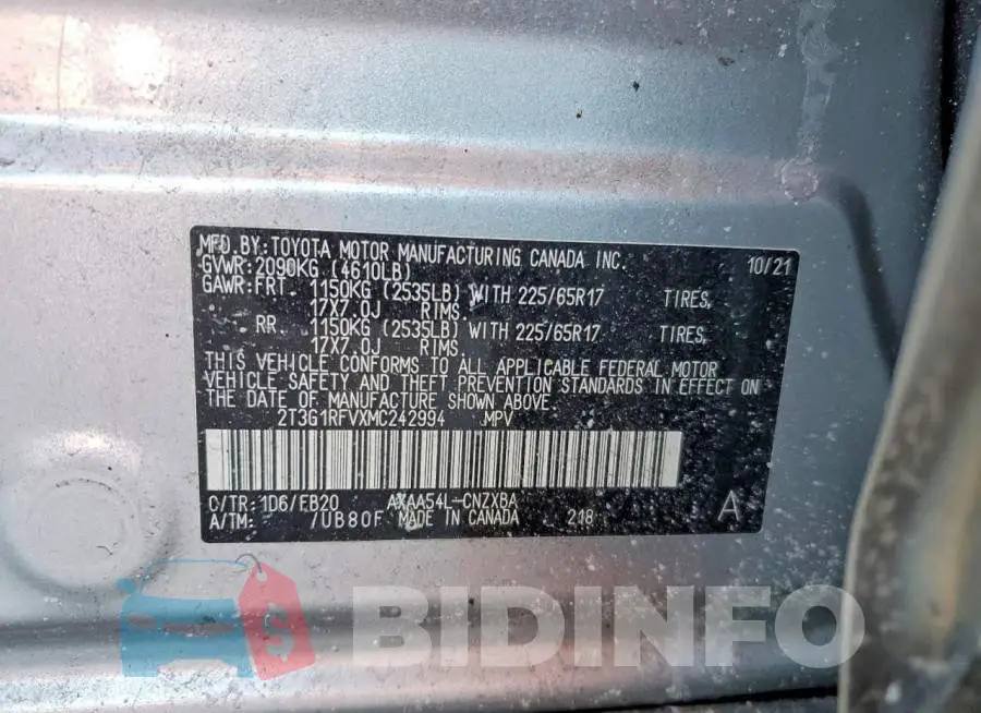 2T3G1RFVXMC242994 Photo# 13