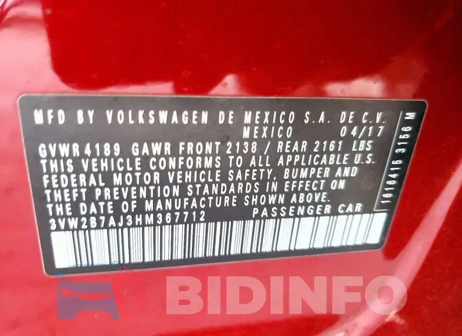 3VW2B7AJ3HM367712 Photo# 12