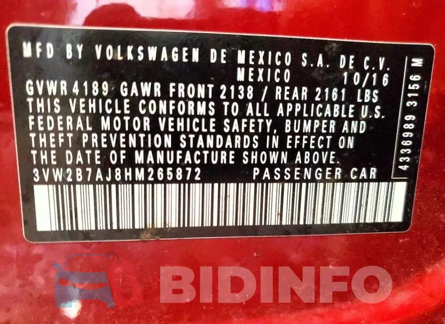 3VW2B7AJ8HM265872 Photo# 12