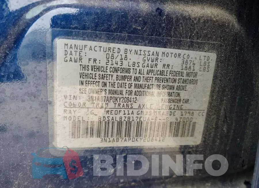 3N1AB7AP0KY208412 Photo# 12