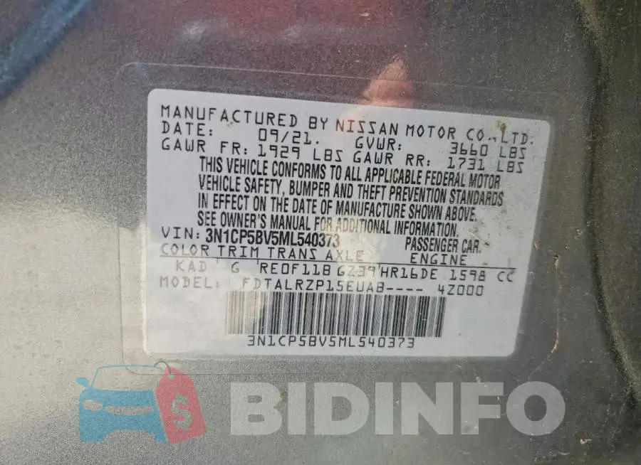 3N1CP5BV5ML540373 Photo# 12