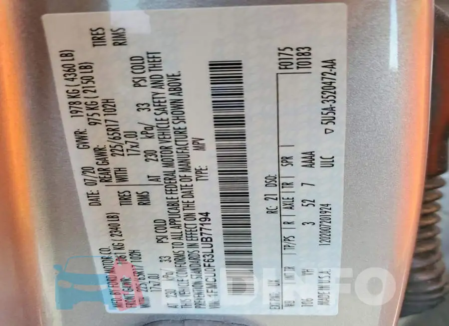 1FMCU0F63LUB77194 Photo# 12