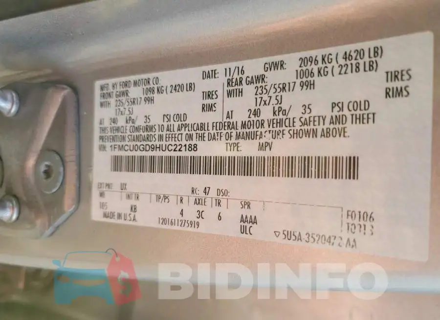 1FMCU0GD9HUC22188 Photo# 14