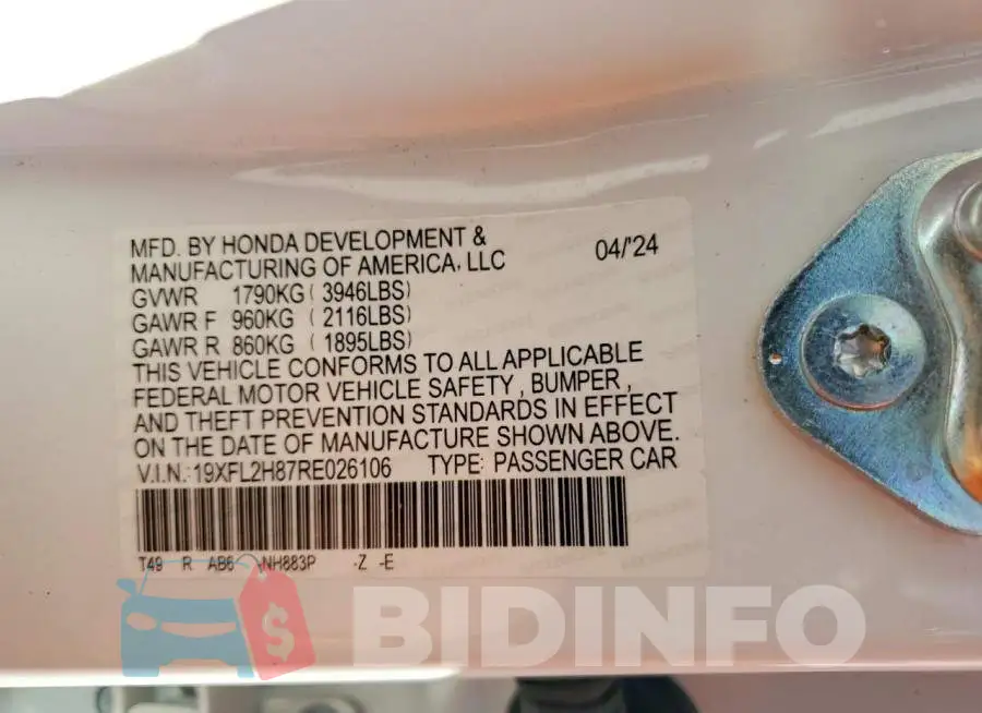 19XFL2H87RE026106 Photo# 12