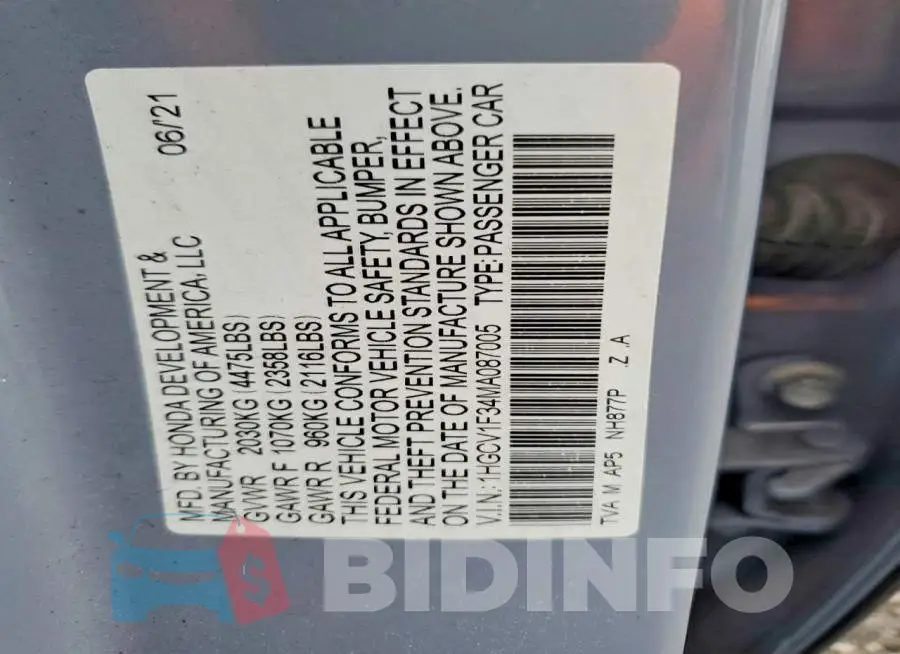 1HGCV1F34MA087005 Photo# 12
