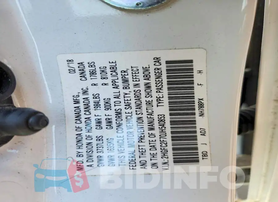 2HGFC2F70JH540853 Photo# 13