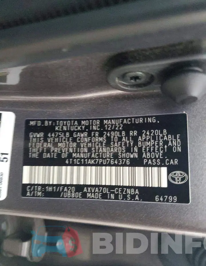 4T1C11AK7PU764376 Photo# 12