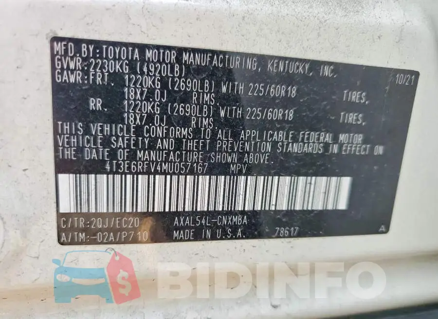 4T3E6RFV4MU057167 Photo# 13
