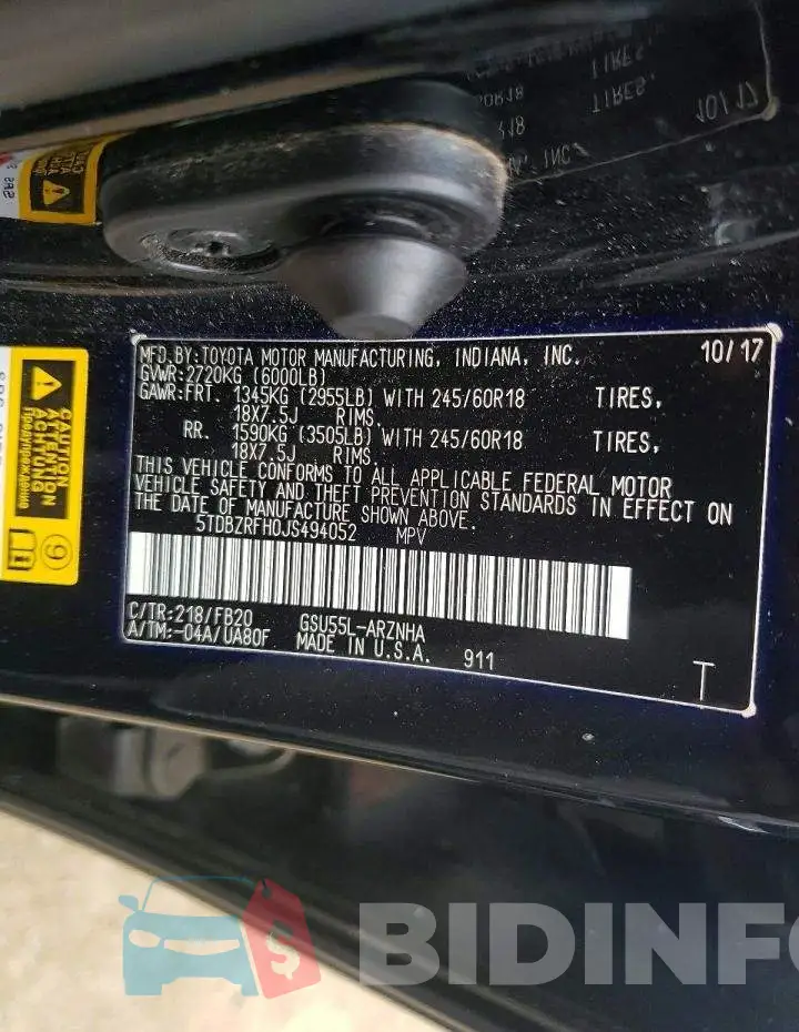 5TDBZRFH0JS494052 Photo# 14