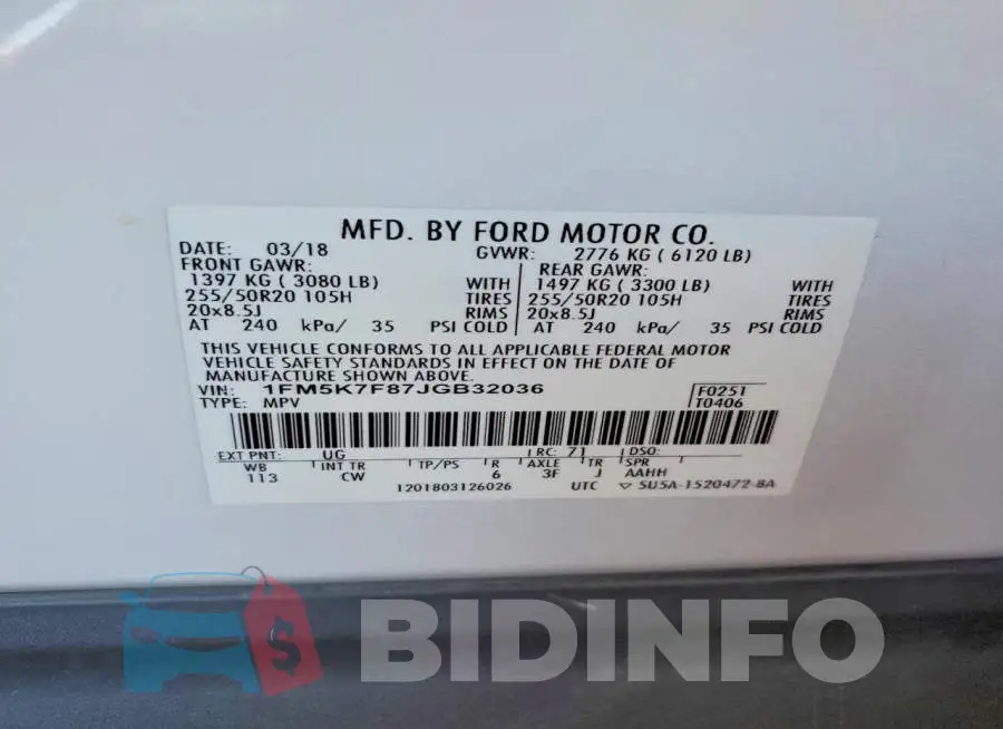 1FM5K7F87JGB32036 Photo# 13