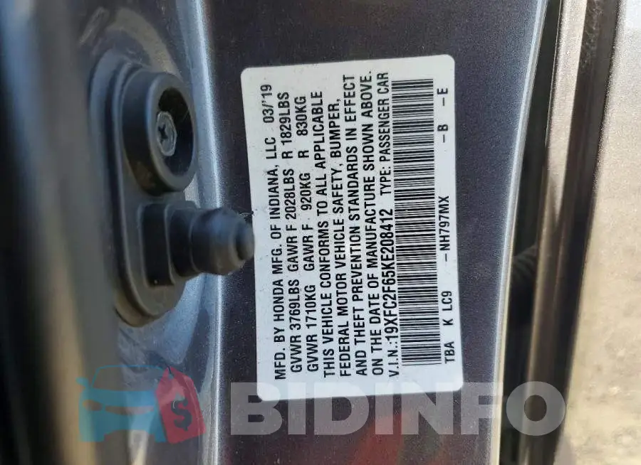 19XFC2F65KE208412 Photo# 12