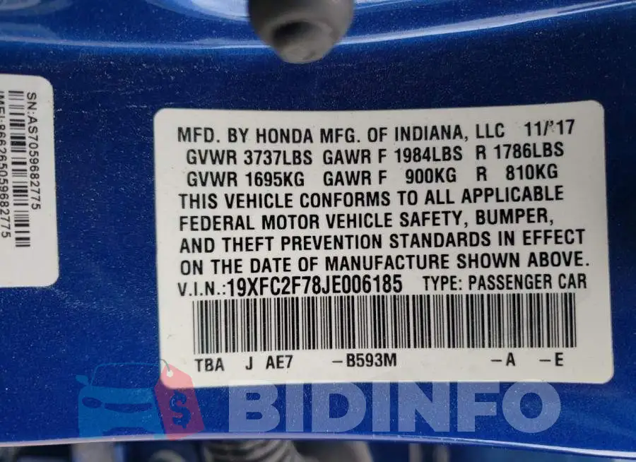 19XFC2F78JE006185 Photo# 13