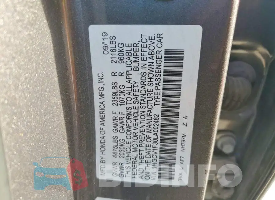 1HGCV1F30LA002482 Photo# 12
