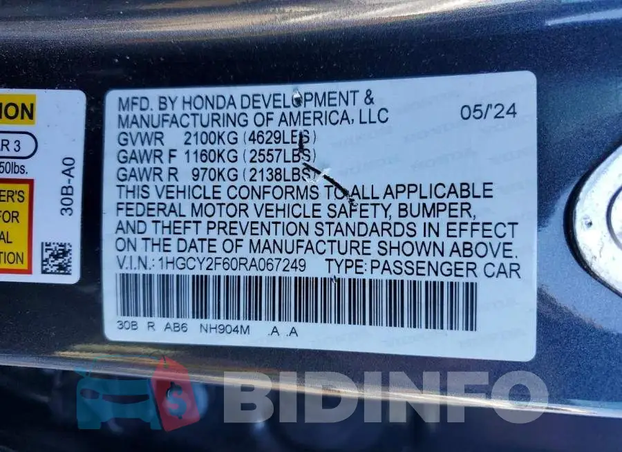 1HGCY2F60RA067249 Photo# 12