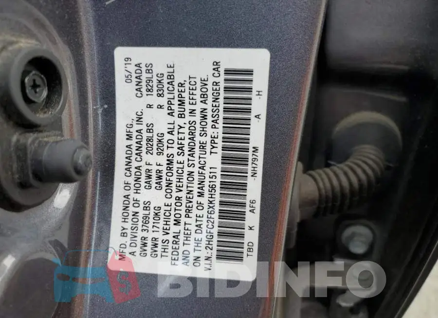 2HGFC2F6XKH561511 Photo# 12