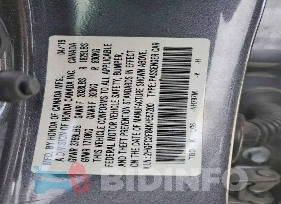2HGFC2F84KH557200 Photo# 12