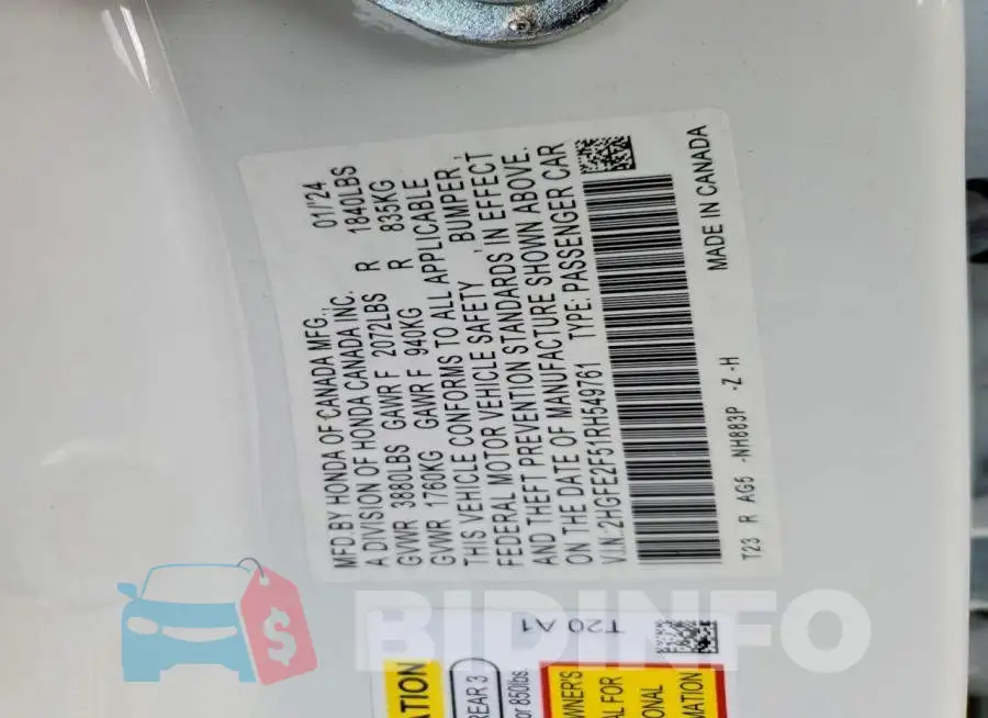 2HGFE2F51RH549761 Photo# 12