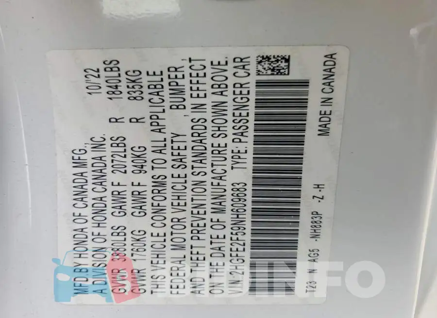 2HGFE2F59NH609683 Photo# 12