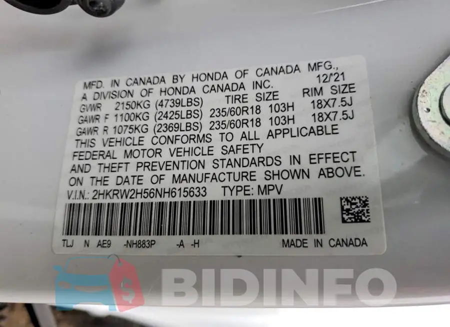 2HKRW2H56NH615633 Photo# 13