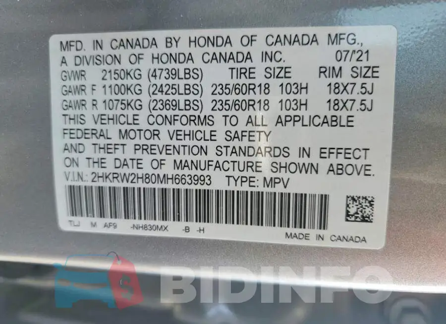 2HKRW2H80MH663993 Photo# 13