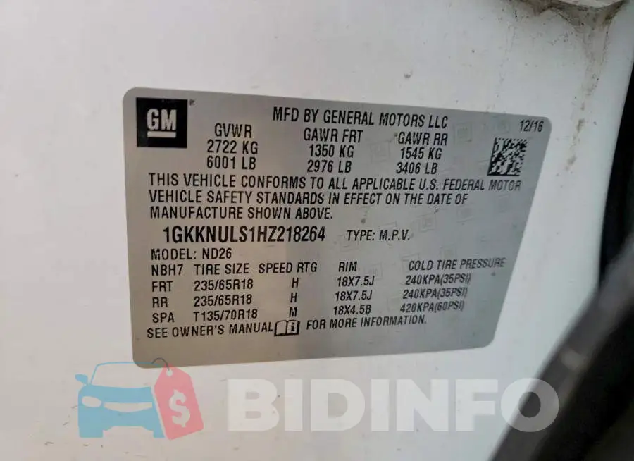 1GKKNULS1HZ218264 Photo# 13