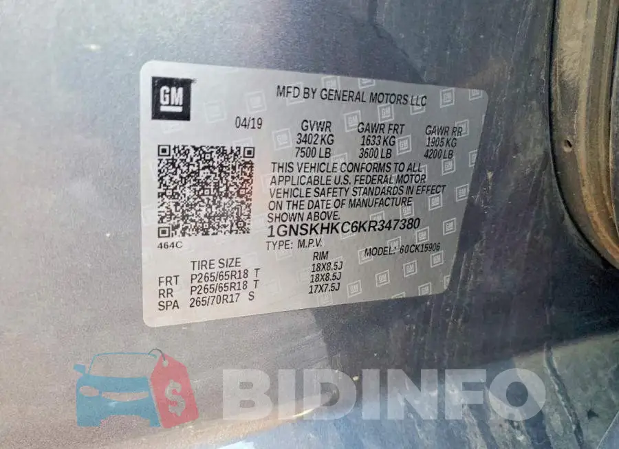 1GNSKHKC6KR347380 Photo# 13