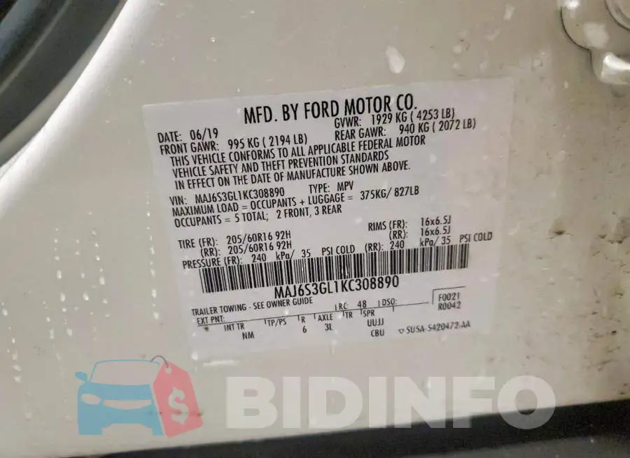 MAJ6S3GL1KC308890 Photo# 14