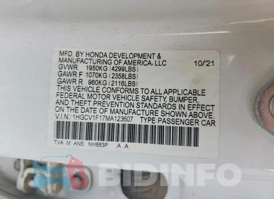 1HGCV1F17MA123607 Photo# 12