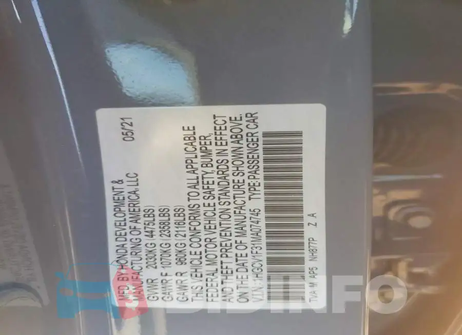 1HGCV1F31MA074745 Photo# 12