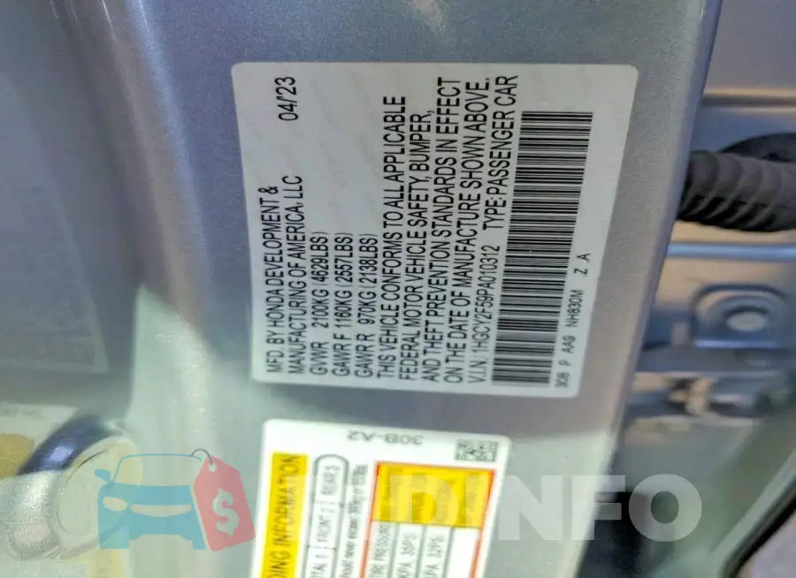 1HGCY2F59PA010312 Photo# 12